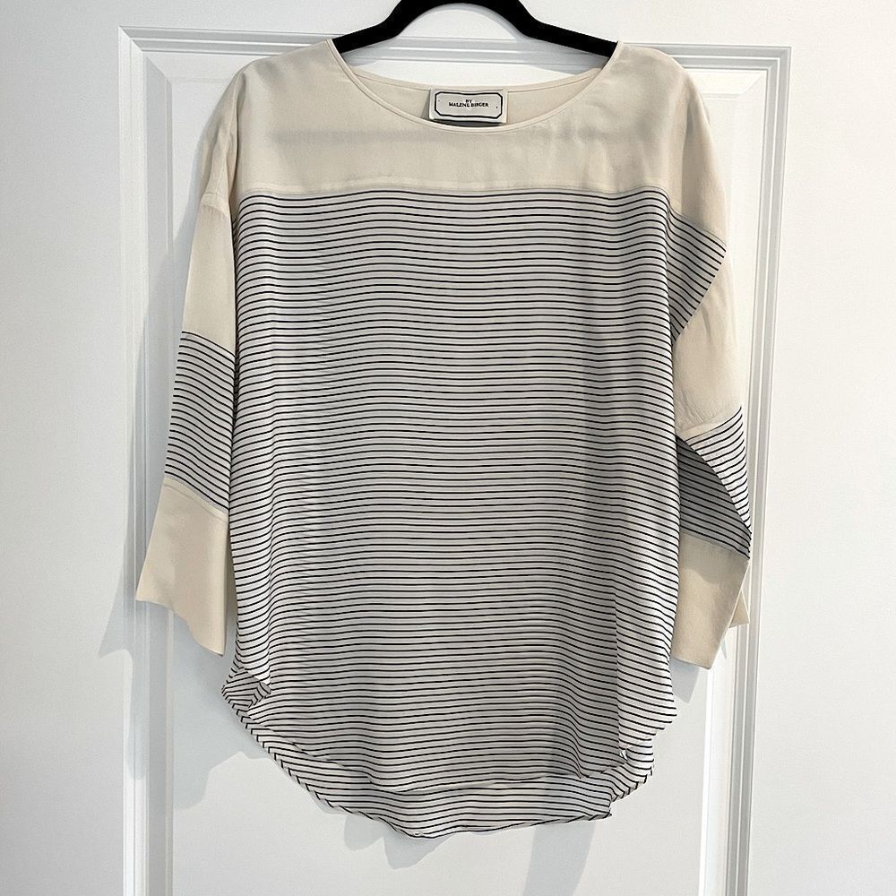 EUC By Malene Birger Silk Top Cream with Navy Stripes Sz. F 36 US Medium
